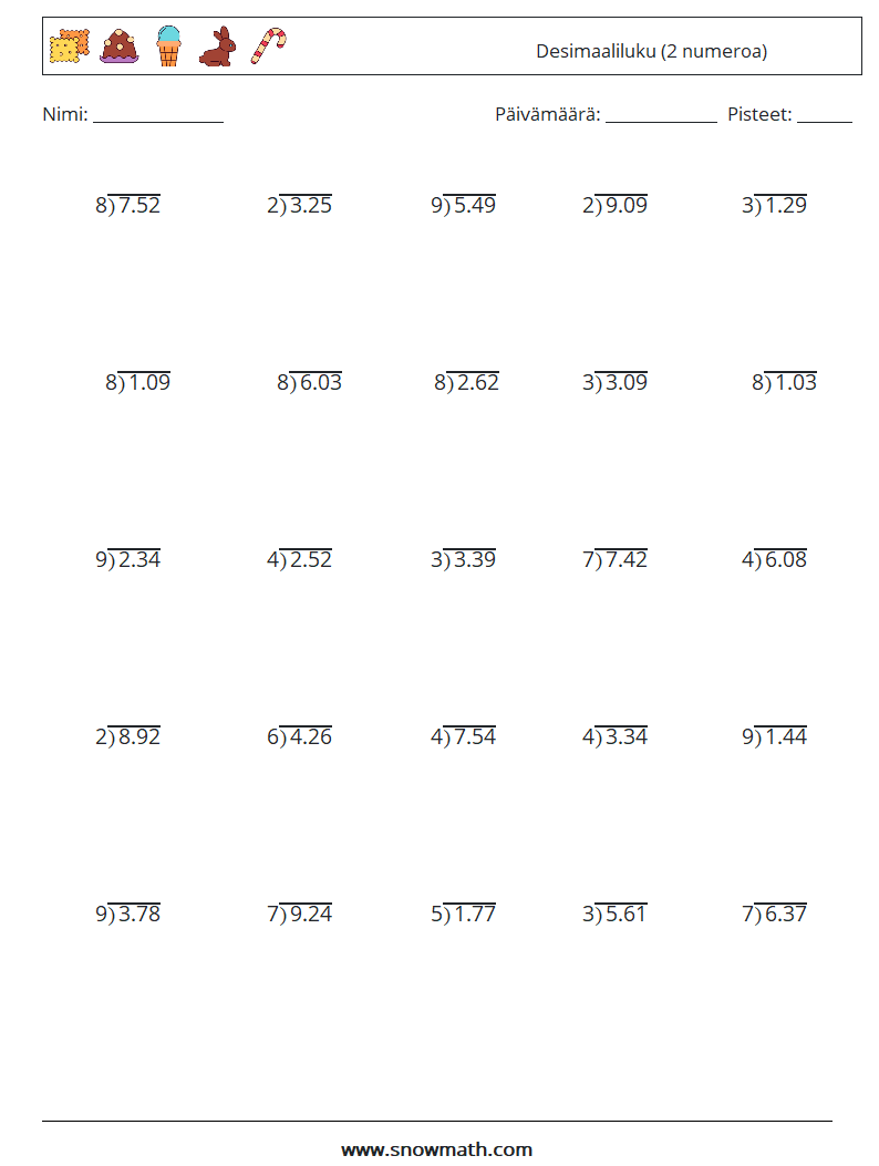 (25) Desimaaliluku (2 numeroa) Matematiikan laskentataulukot 7