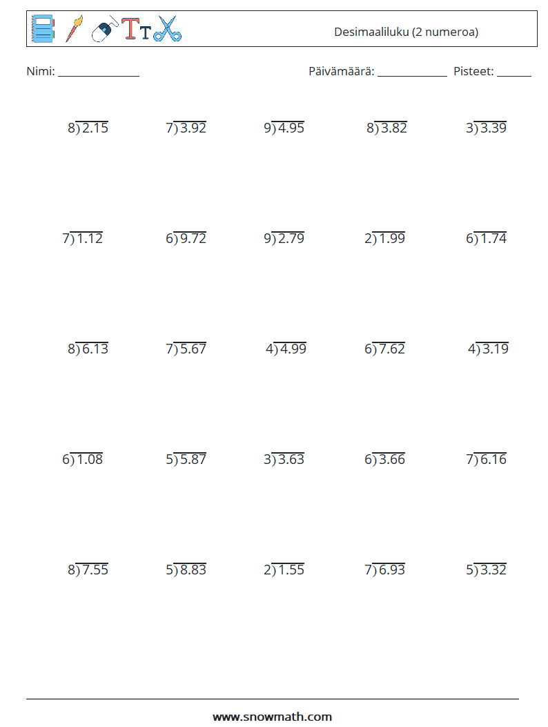 (25) Desimaaliluku (2 numeroa) Matematiikan laskentataulukot 8