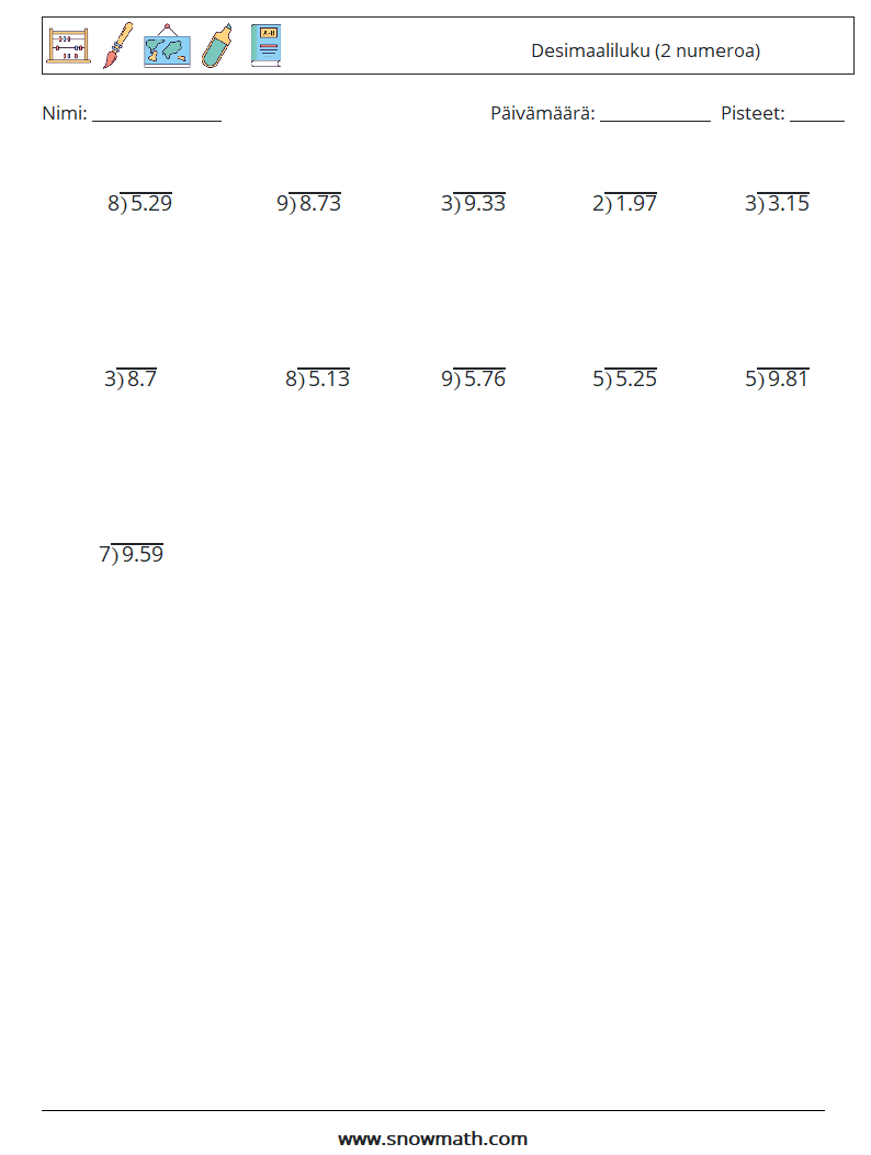 (25) Desimaaliluku (2 numeroa) Matematiikan laskentataulukot 9