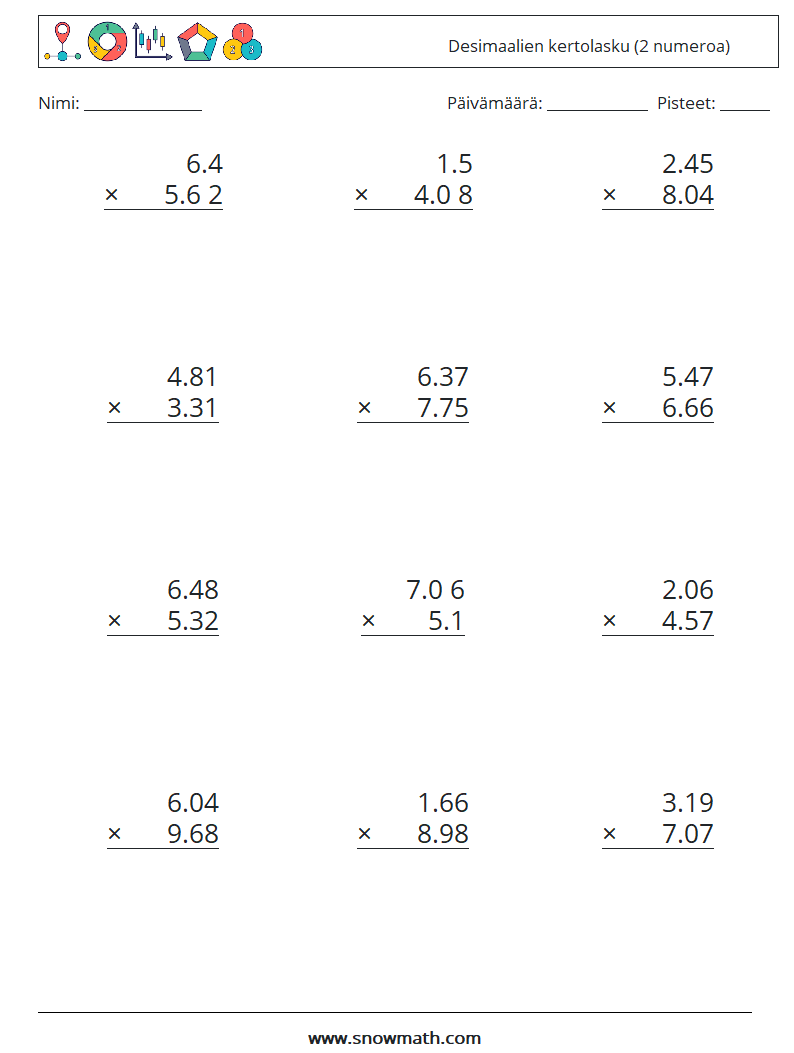 (12) Desimaalien kertolasku (2 numeroa) Matematiikan laskentataulukot 10