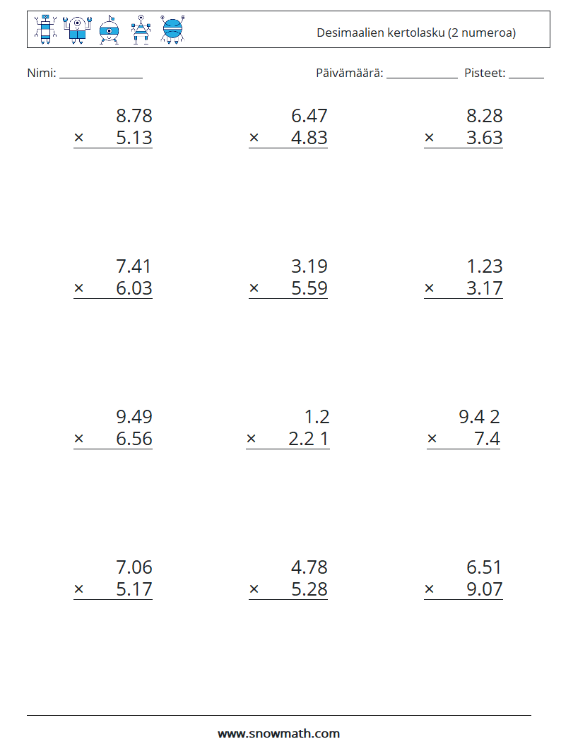 (12) Desimaalien kertolasku (2 numeroa) Matematiikan laskentataulukot 11