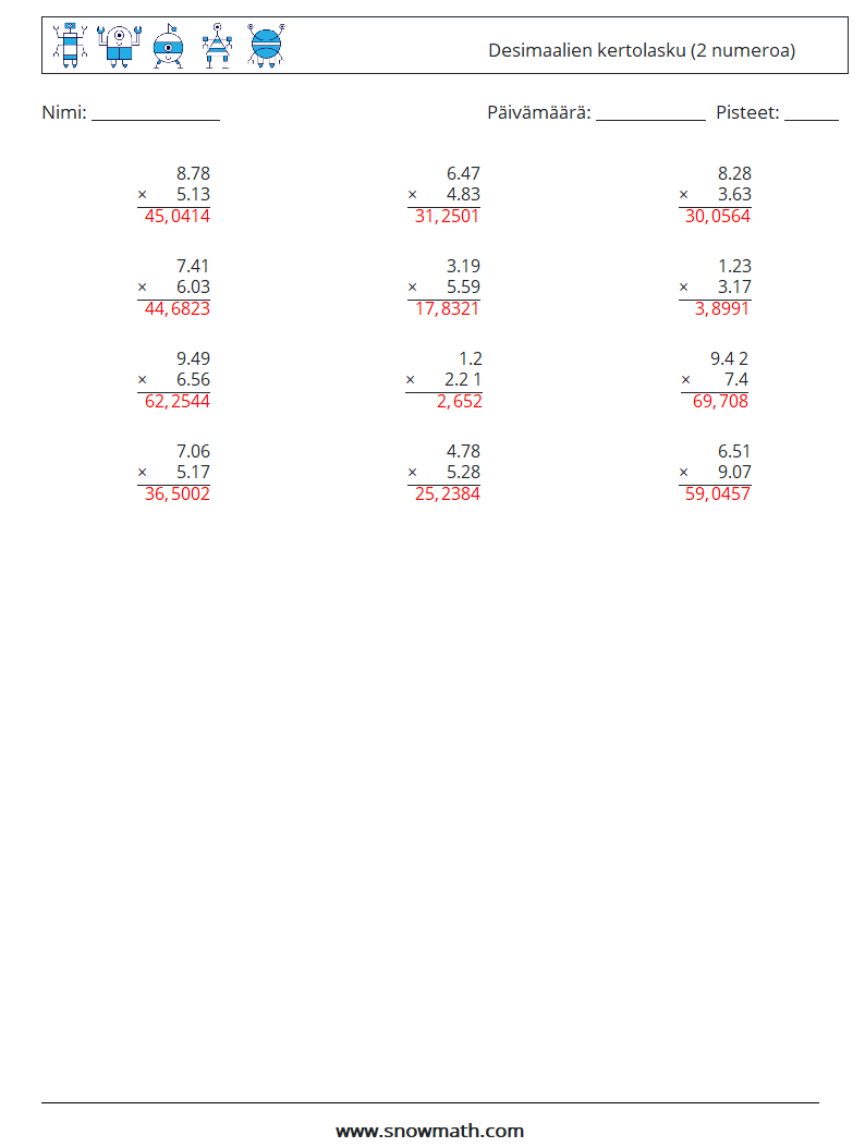 (12) Desimaalien kertolasku (2 numeroa) Matematiikan laskentataulukot 11 Kysymys, vastaus