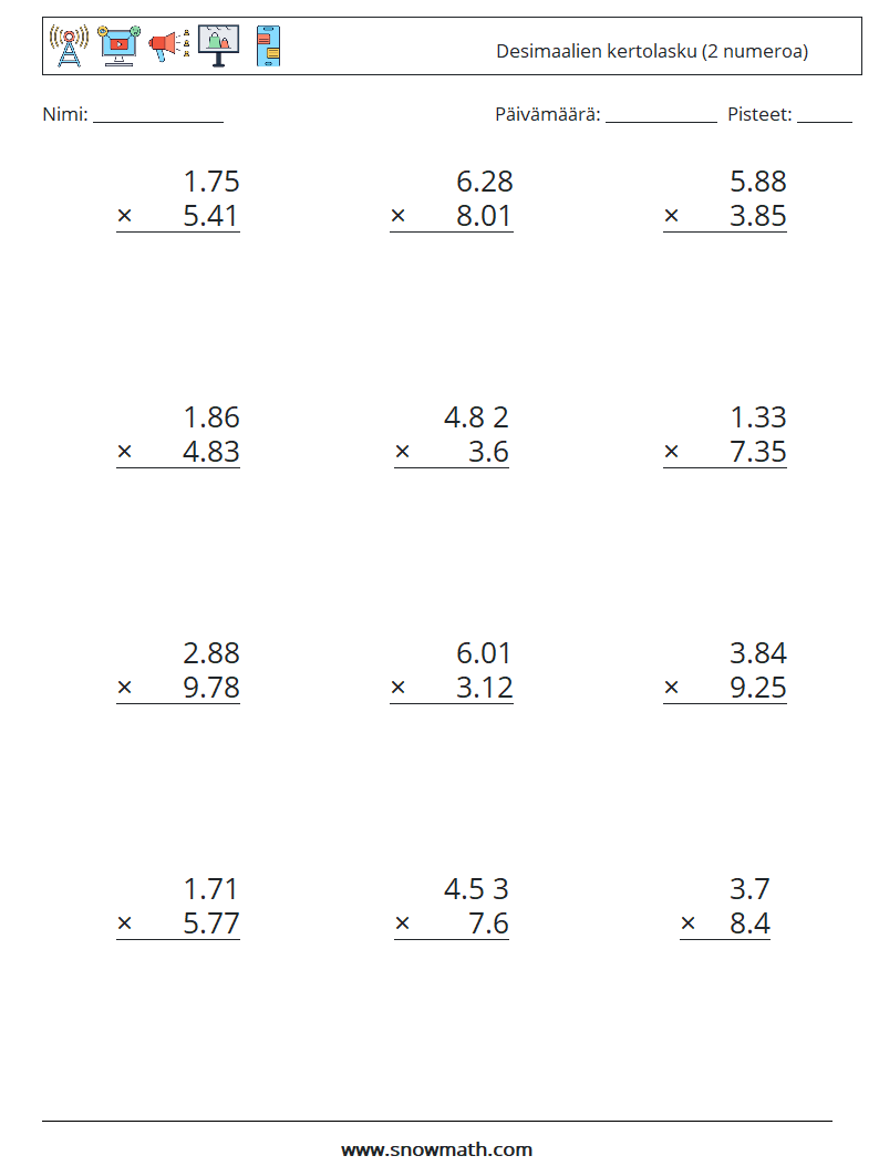 (12) Desimaalien kertolasku (2 numeroa) Matematiikan laskentataulukot 12