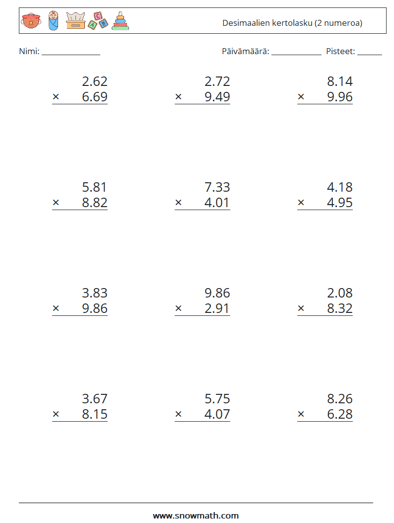 (12) Desimaalien kertolasku (2 numeroa) Matematiikan laskentataulukot 13