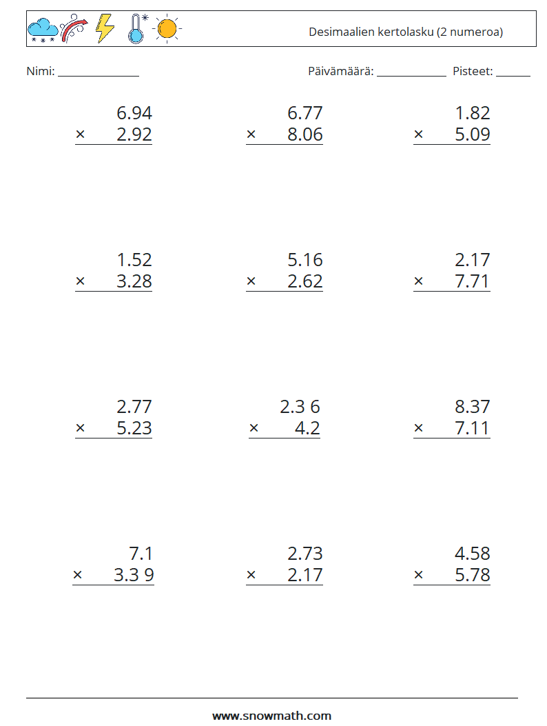 (12) Desimaalien kertolasku (2 numeroa) Matematiikan laskentataulukot 14