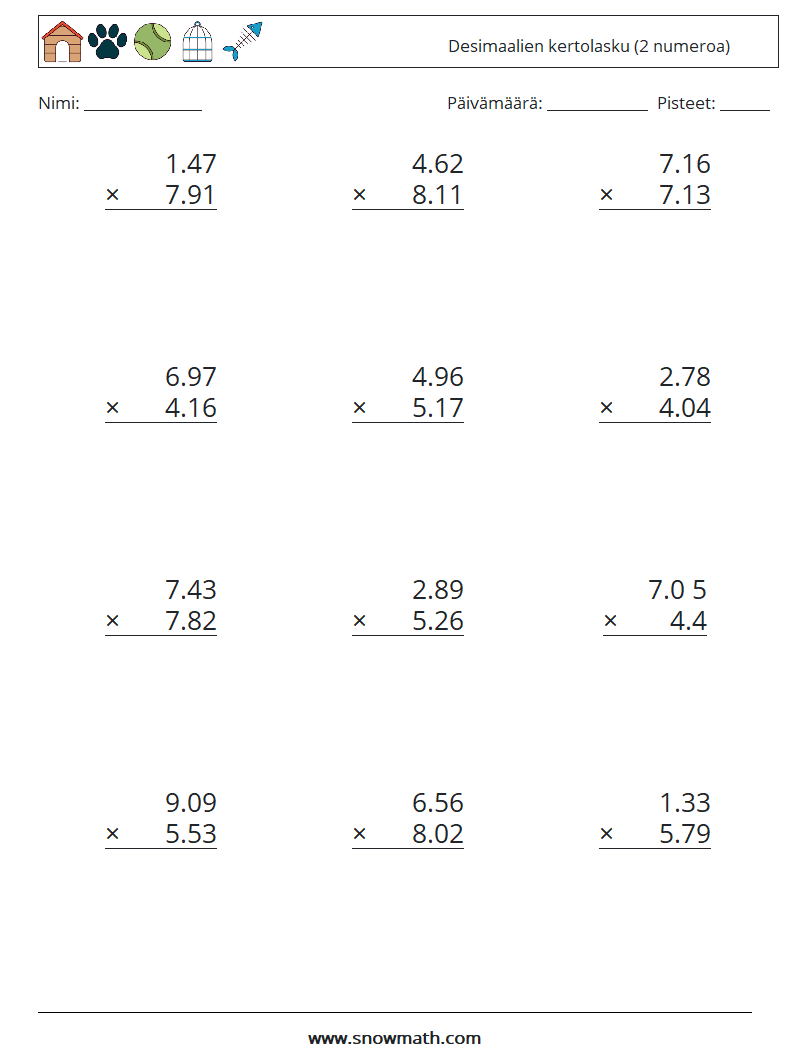 (12) Desimaalien kertolasku (2 numeroa) Matematiikan laskentataulukot 15