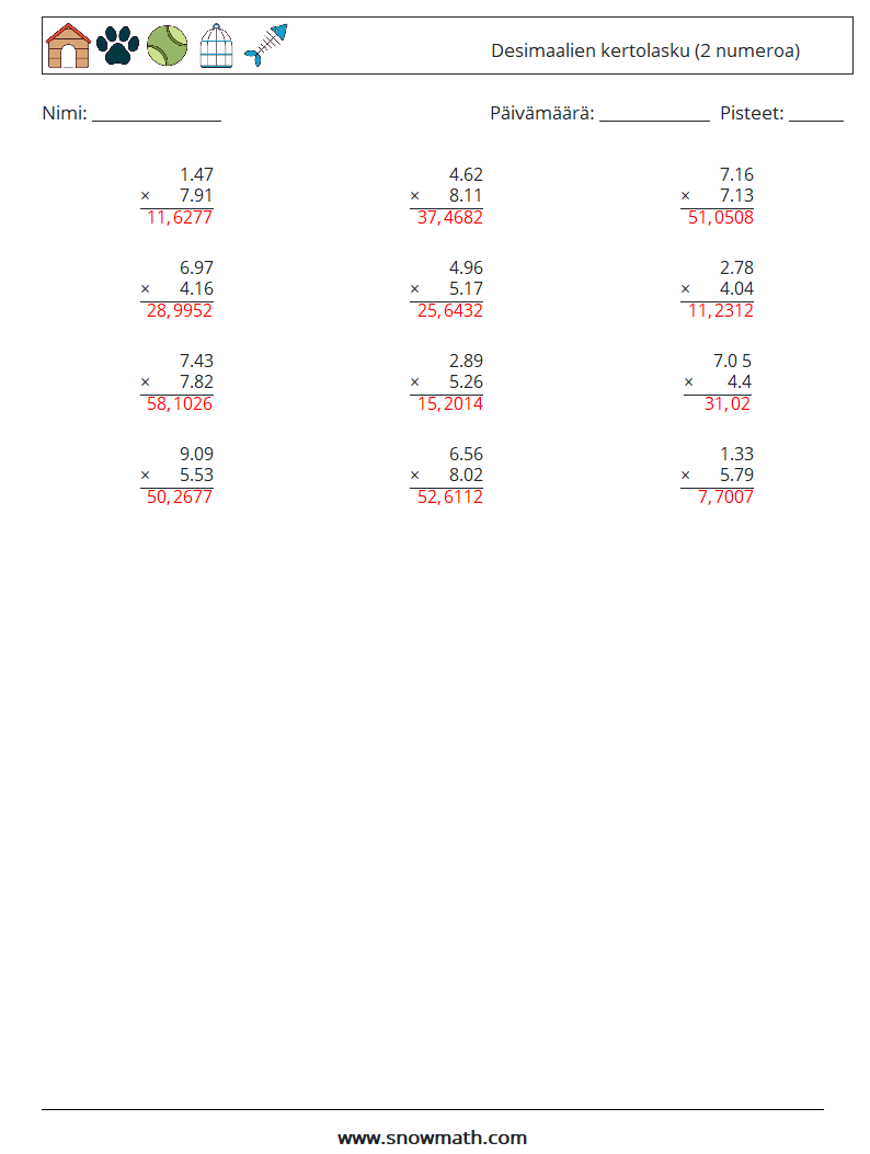 (12) Desimaalien kertolasku (2 numeroa) Matematiikan laskentataulukot 15 Kysymys, vastaus