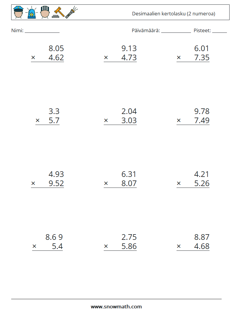 (12) Desimaalien kertolasku (2 numeroa) Matematiikan laskentataulukot 16