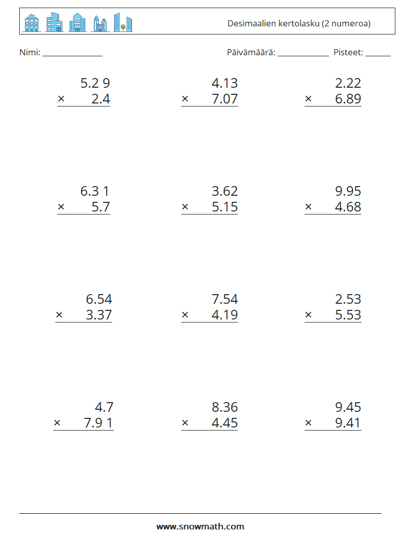 (12) Desimaalien kertolasku (2 numeroa) Matematiikan laskentataulukot 17