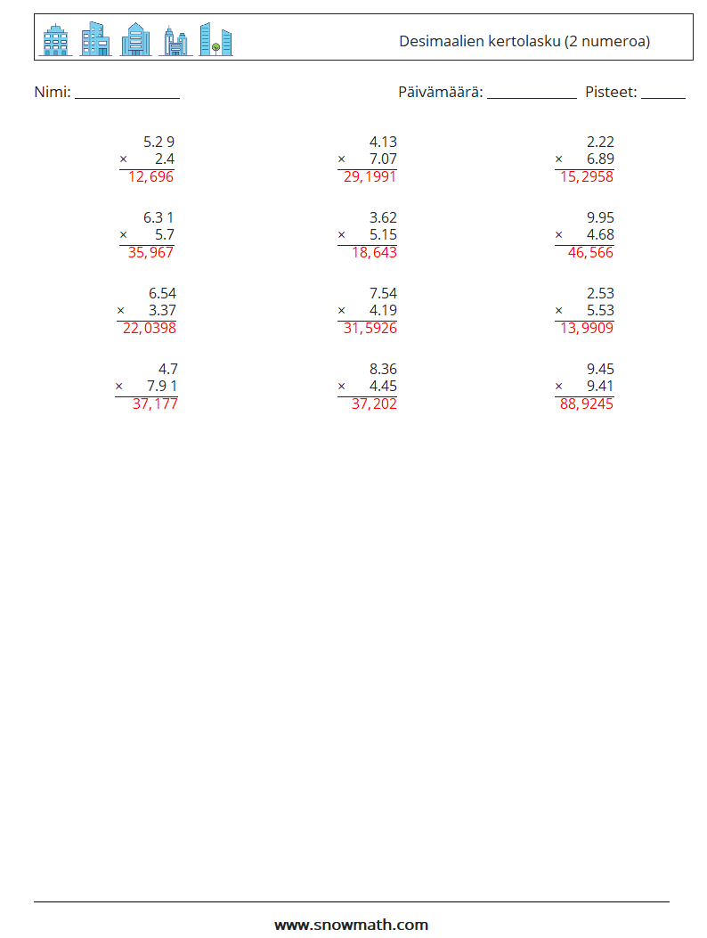 (12) Desimaalien kertolasku (2 numeroa) Matematiikan laskentataulukot 17 Kysymys, vastaus