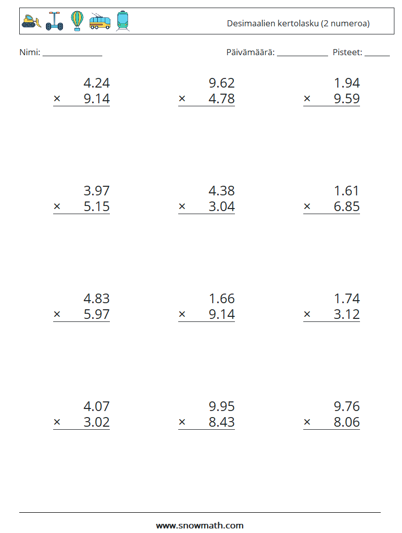 (12) Desimaalien kertolasku (2 numeroa) Matematiikan laskentataulukot 18