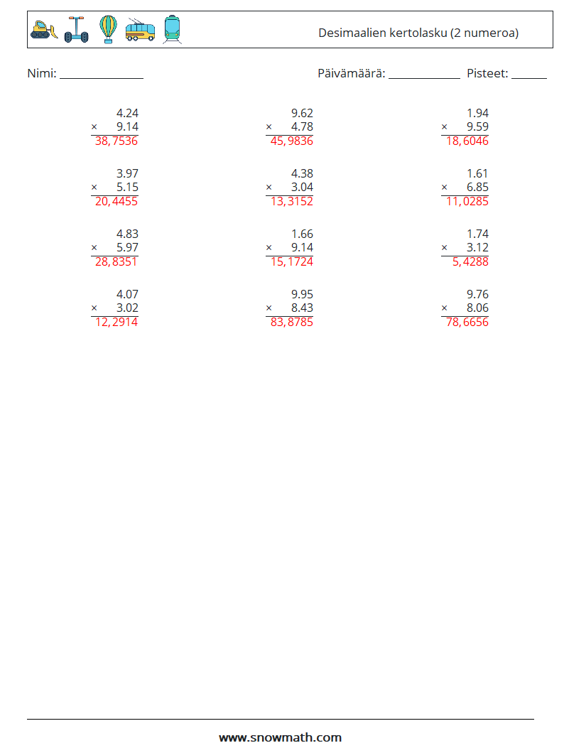 (12) Desimaalien kertolasku (2 numeroa) Matematiikan laskentataulukot 18 Kysymys, vastaus