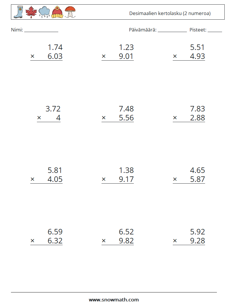 (12) Desimaalien kertolasku (2 numeroa) Matematiikan laskentataulukot 3