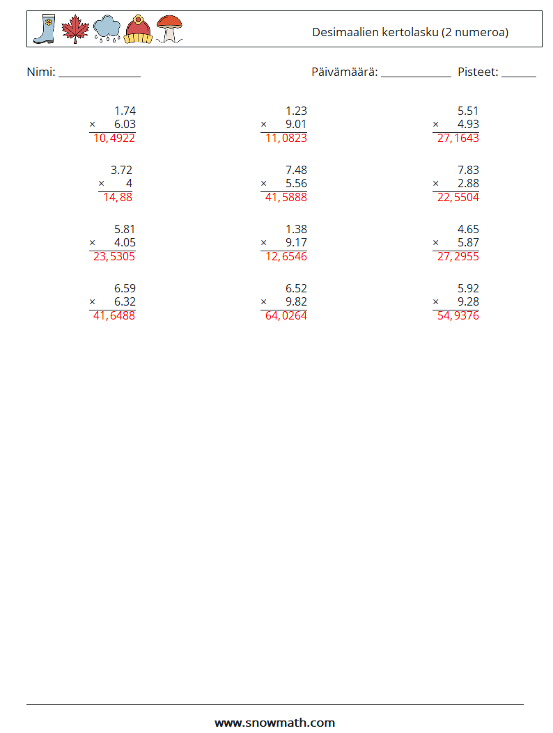 (12) Desimaalien kertolasku (2 numeroa) Matematiikan laskentataulukot 3 Kysymys, vastaus