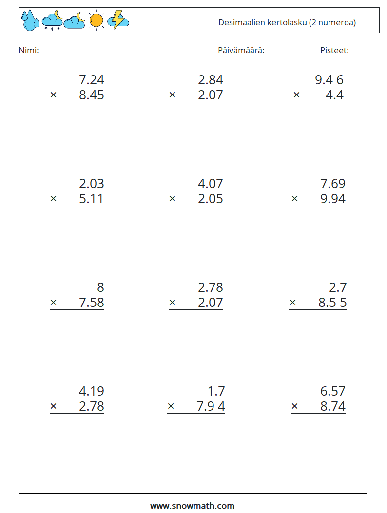 (12) Desimaalien kertolasku (2 numeroa) Matematiikan laskentataulukot 4