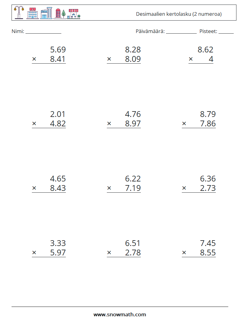 (12) Desimaalien kertolasku (2 numeroa) Matematiikan laskentataulukot 5