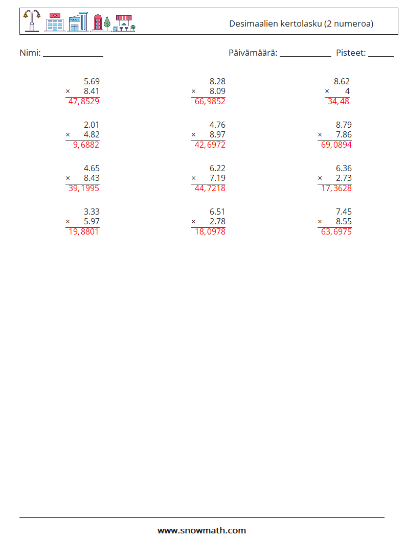 (12) Desimaalien kertolasku (2 numeroa) Matematiikan laskentataulukot 5 Kysymys, vastaus