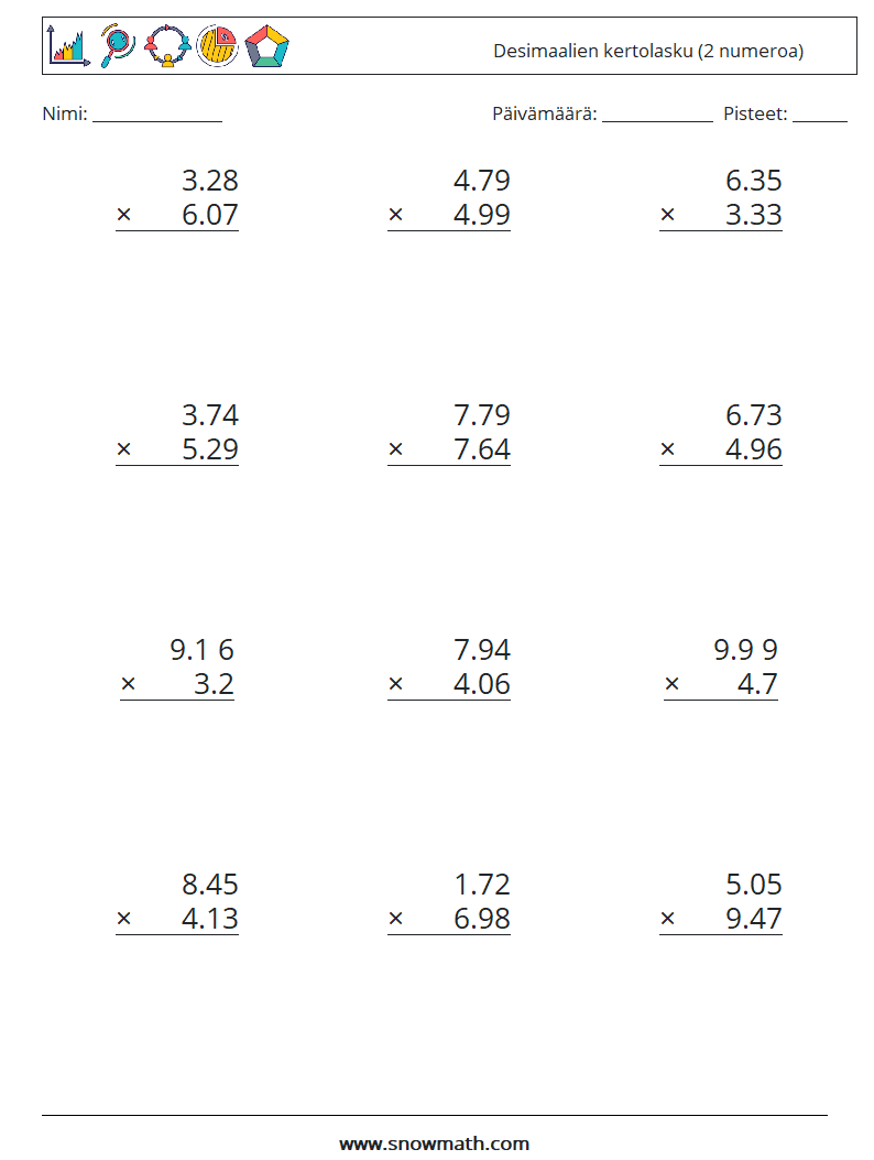 (12) Desimaalien kertolasku (2 numeroa) Matematiikan laskentataulukot 6