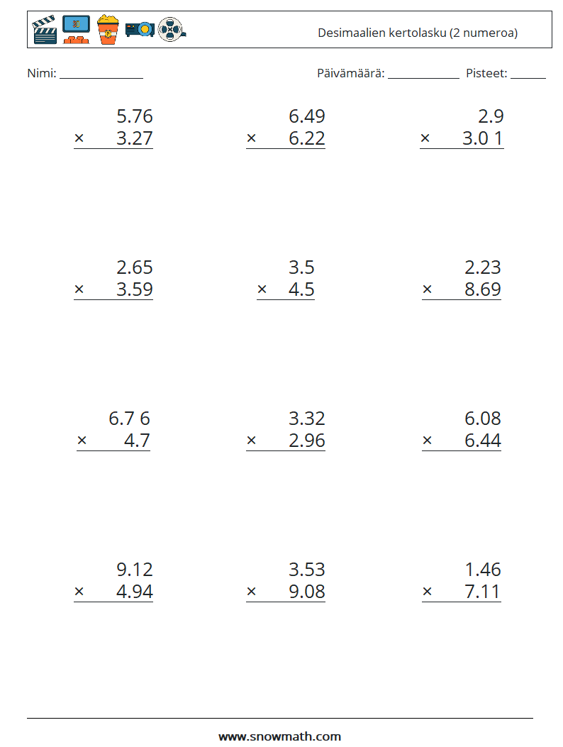 (12) Desimaalien kertolasku (2 numeroa) Matematiikan laskentataulukot 7