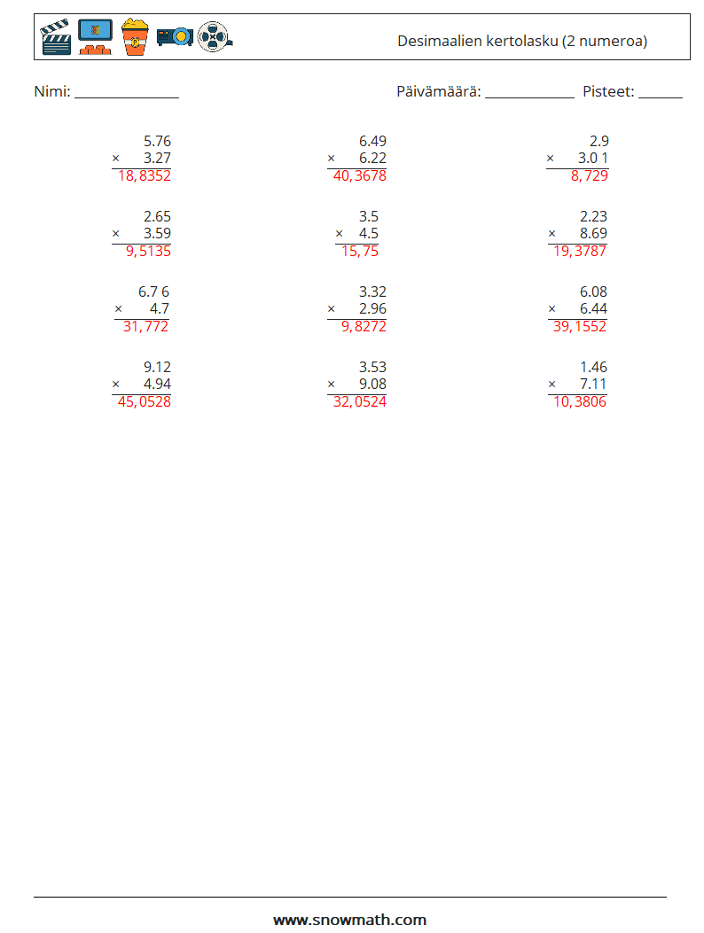 (12) Desimaalien kertolasku (2 numeroa) Matematiikan laskentataulukot 7 Kysymys, vastaus