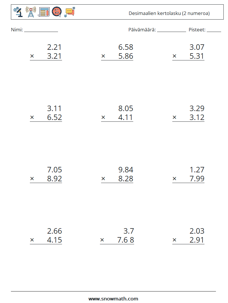 (12) Desimaalien kertolasku (2 numeroa) Matematiikan laskentataulukot 8