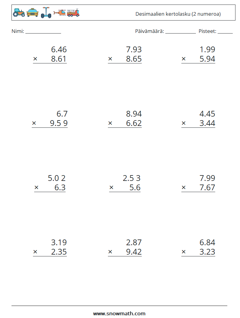 (12) Desimaalien kertolasku (2 numeroa) Matematiikan laskentataulukot 9