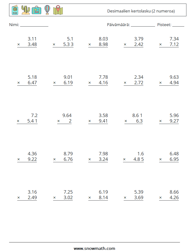 (25) Desimaalien kertolasku (2 numeroa) Matematiikan laskentataulukot 1