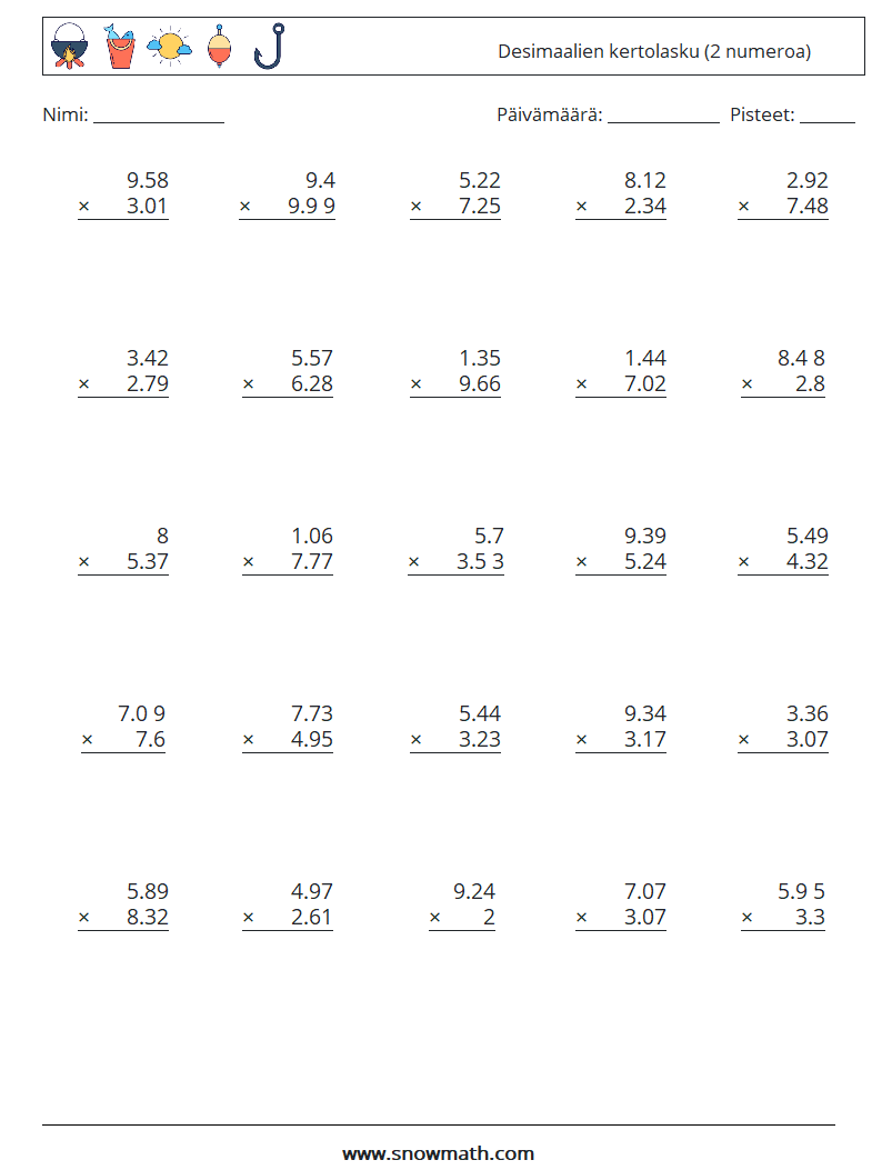 (25) Desimaalien kertolasku (2 numeroa) Matematiikan laskentataulukot 10
