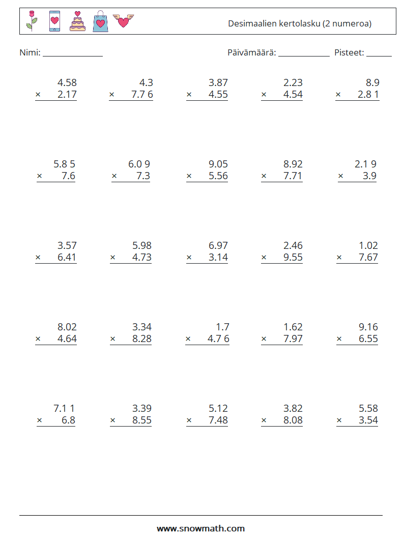 (25) Desimaalien kertolasku (2 numeroa) Matematiikan laskentataulukot 11