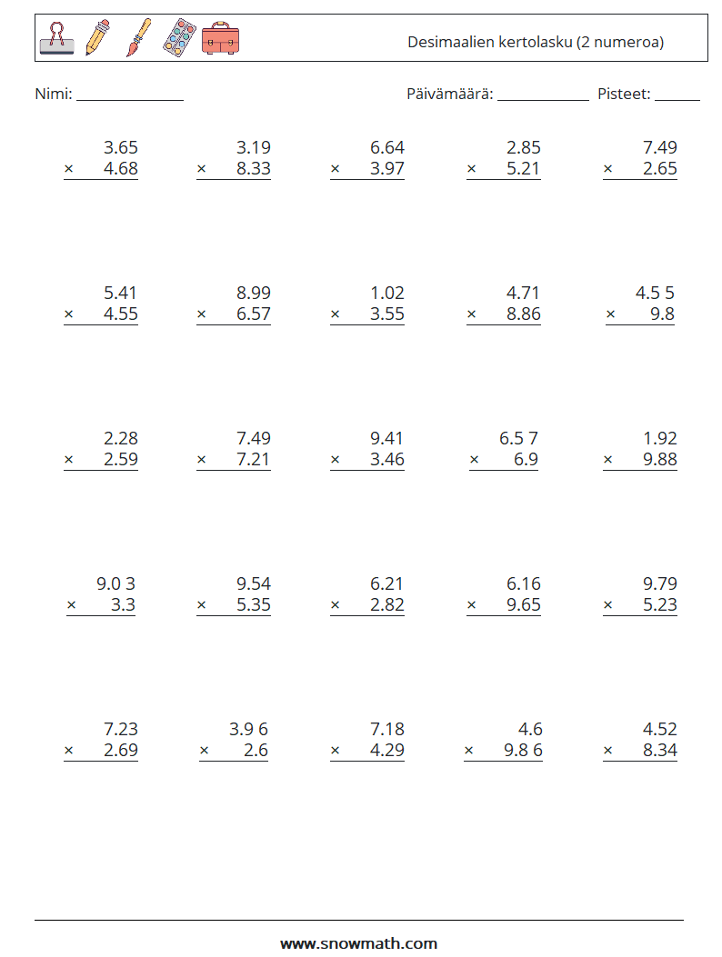 (25) Desimaalien kertolasku (2 numeroa) Matematiikan laskentataulukot 12