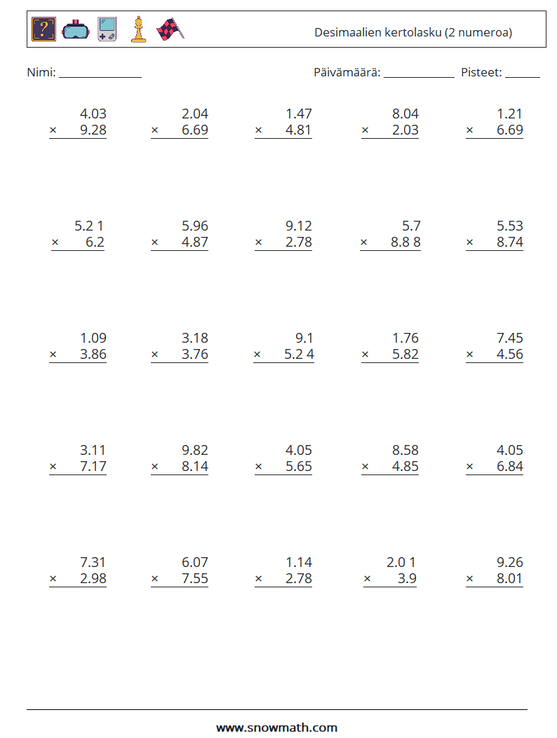 (25) Desimaalien kertolasku (2 numeroa) Matematiikan laskentataulukot 13