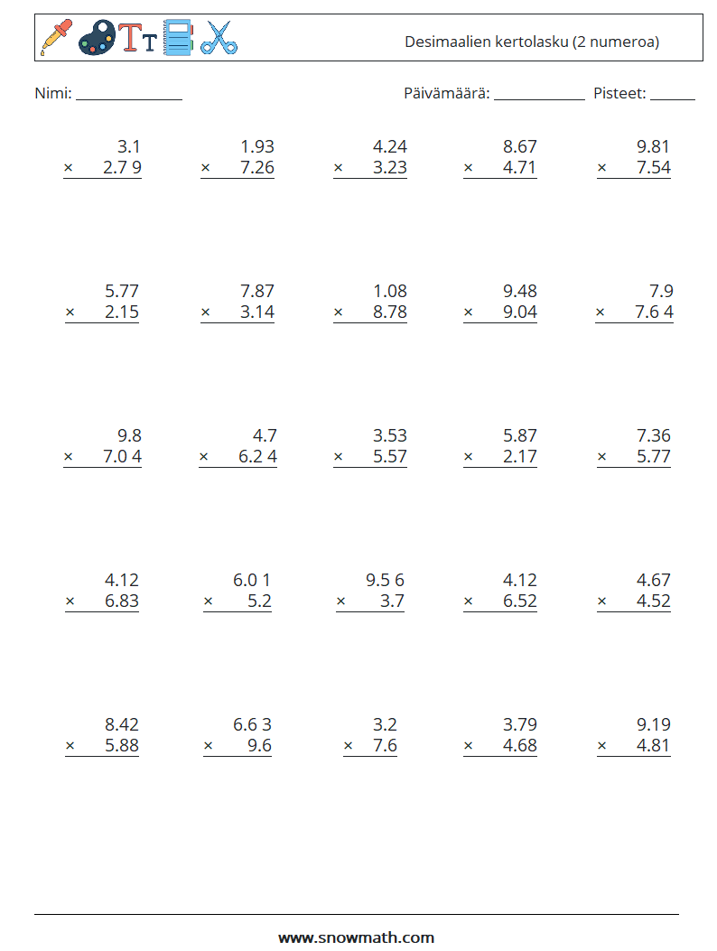 (25) Desimaalien kertolasku (2 numeroa) Matematiikan laskentataulukot 14