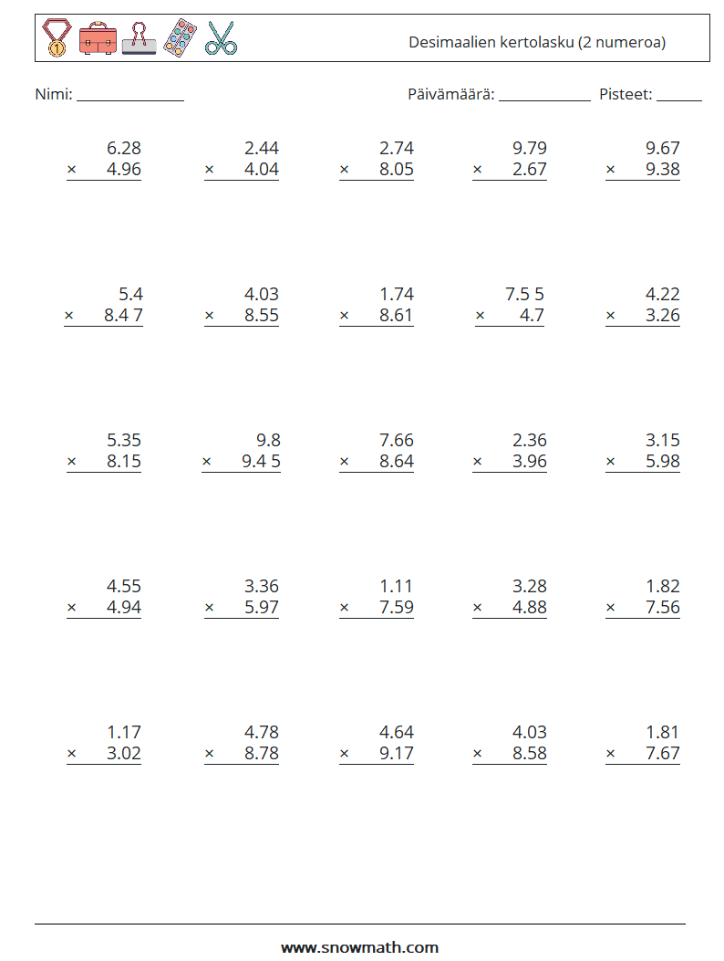 (25) Desimaalien kertolasku (2 numeroa) Matematiikan laskentataulukot 15