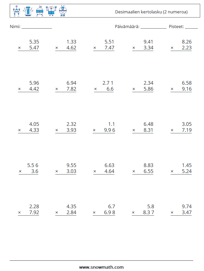(25) Desimaalien kertolasku (2 numeroa) Matematiikan laskentataulukot 16