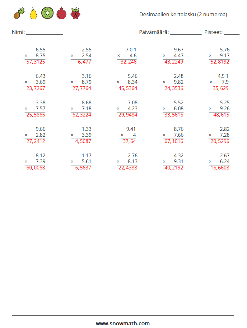 (25) Desimaalien kertolasku (2 numeroa) Matematiikan laskentataulukot 2 Kysymys, vastaus