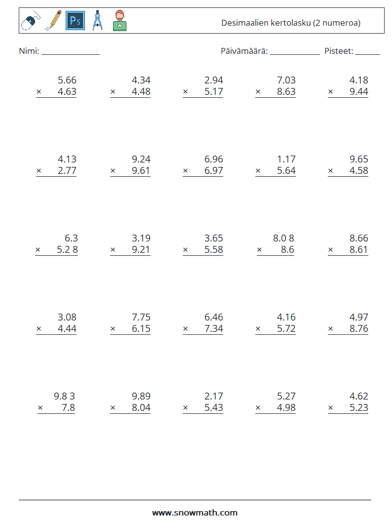 (25) Desimaalien kertolasku (2 numeroa) Matematiikan laskentataulukot 3