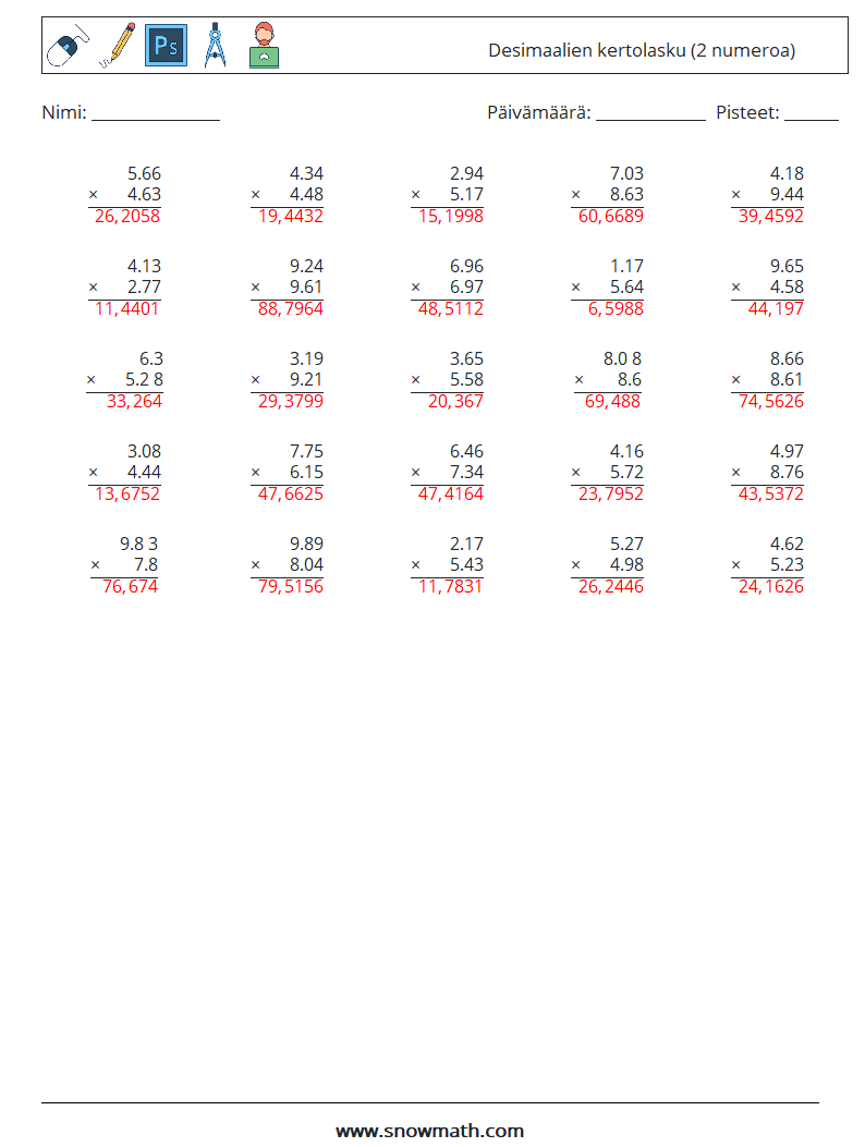 (25) Desimaalien kertolasku (2 numeroa) Matematiikan laskentataulukot 3 Kysymys, vastaus