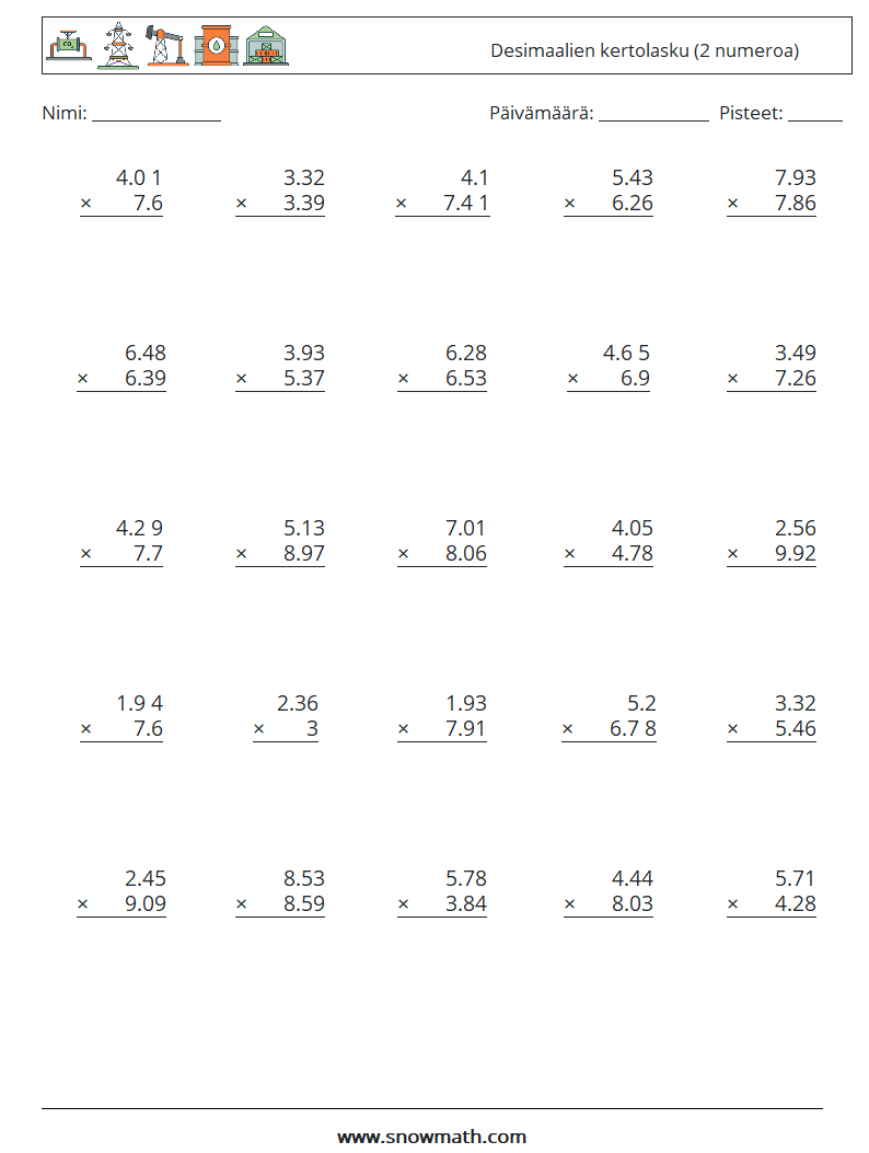 (25) Desimaalien kertolasku (2 numeroa) Matematiikan laskentataulukot 4