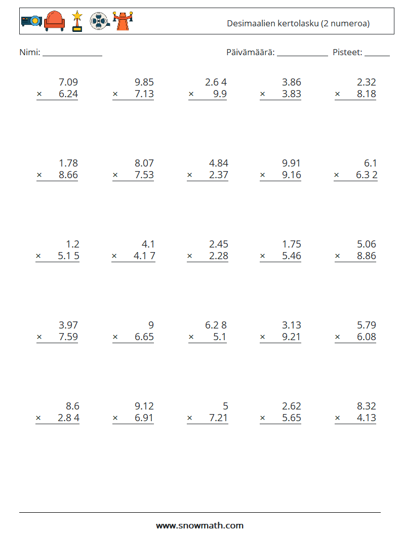 (25) Desimaalien kertolasku (2 numeroa) Matematiikan laskentataulukot 5