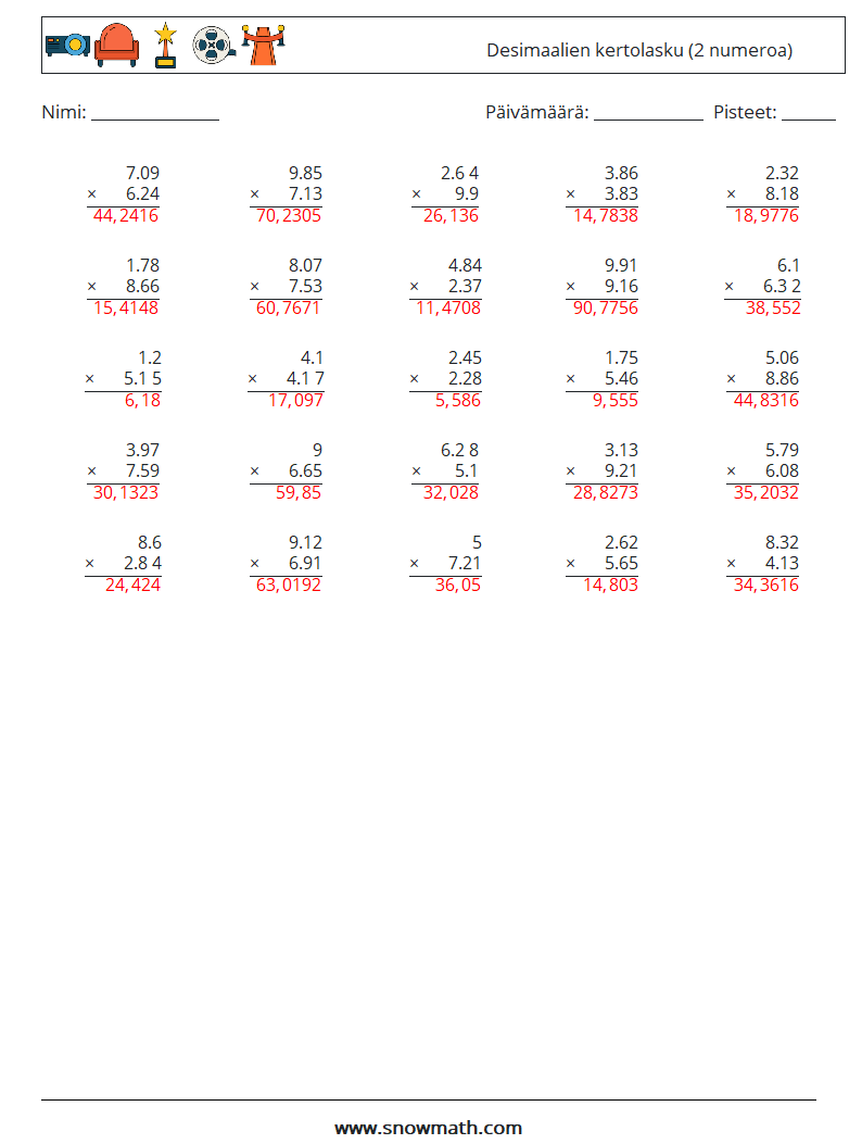 (25) Desimaalien kertolasku (2 numeroa) Matematiikan laskentataulukot 5 Kysymys, vastaus