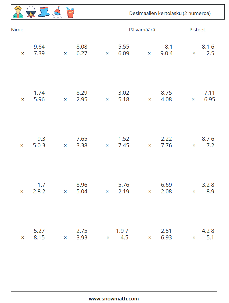 (25) Desimaalien kertolasku (2 numeroa) Matematiikan laskentataulukot 7