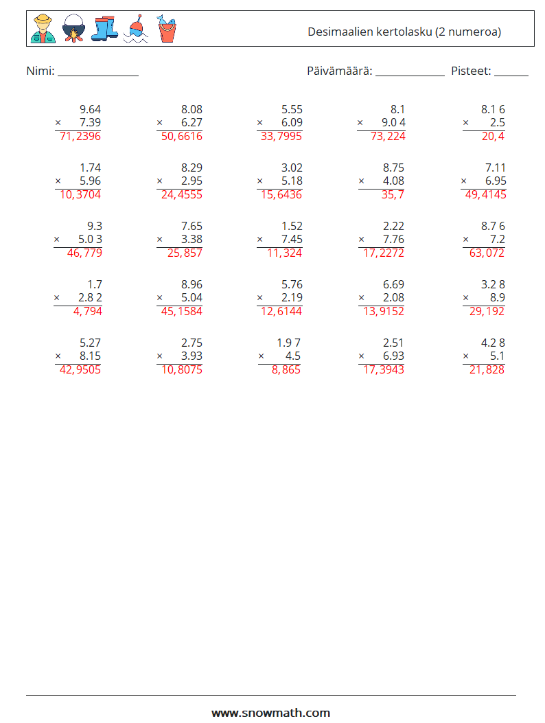 (25) Desimaalien kertolasku (2 numeroa) Matematiikan laskentataulukot 7 Kysymys, vastaus
