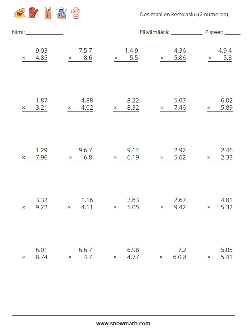 (25) Desimaalien kertolasku (2 numeroa) Matematiikan laskentataulukot 8
