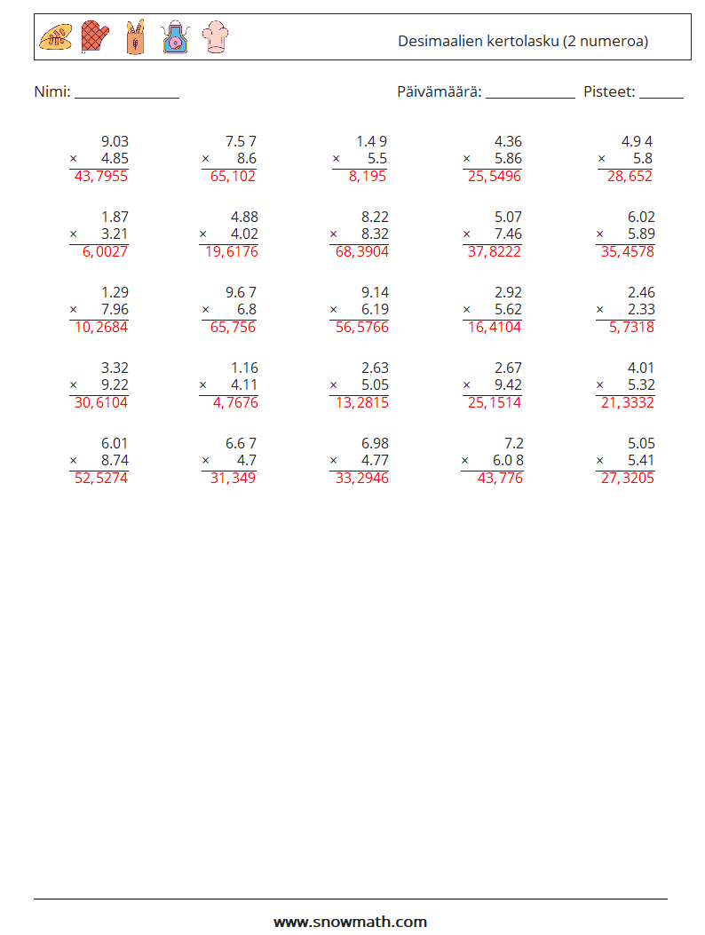 (25) Desimaalien kertolasku (2 numeroa) Matematiikan laskentataulukot 8 Kysymys, vastaus