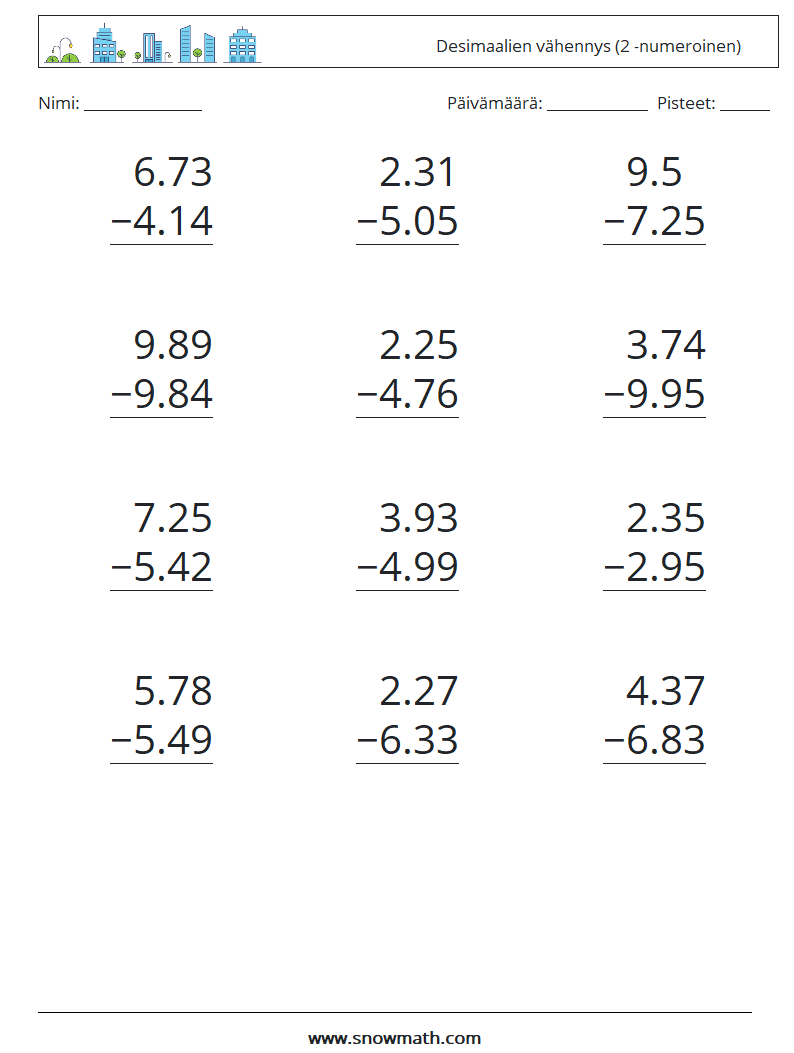 (12) Desimaalien vähennys (2 -numeroinen) Matematiikan laskentataulukot 12