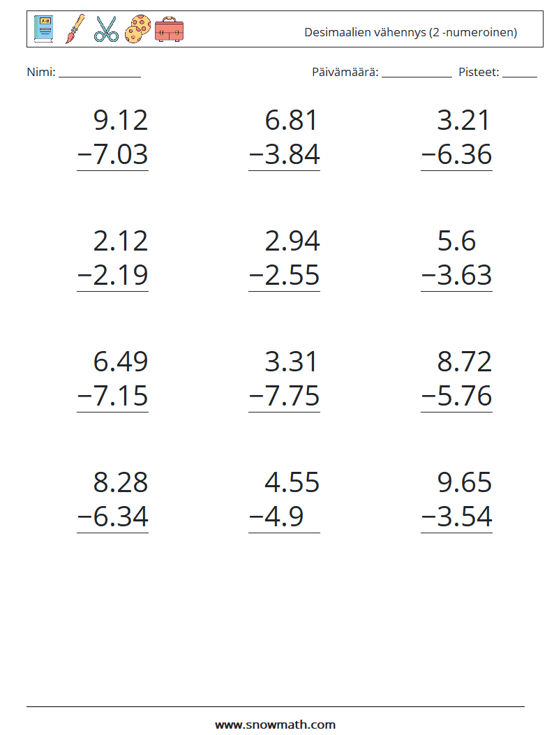 (12) Desimaalien vähennys (2 -numeroinen) Matematiikan laskentataulukot 3
