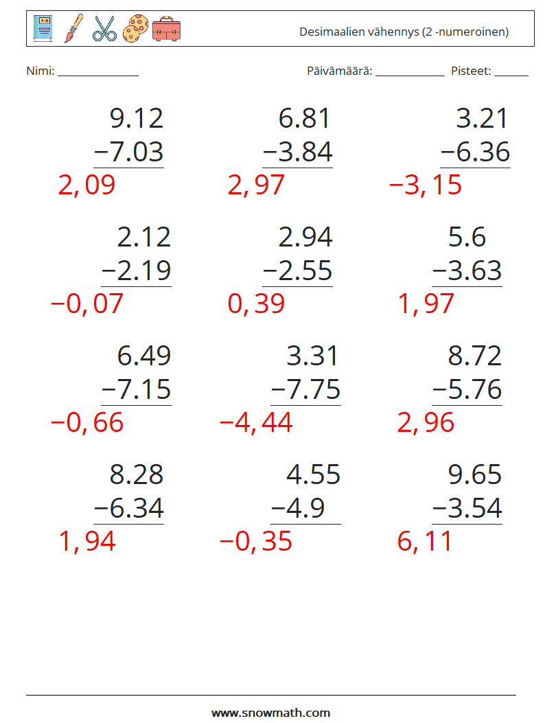 (12) Desimaalien vähennys (2 -numeroinen) Matematiikan laskentataulukot 3 Kysymys, vastaus