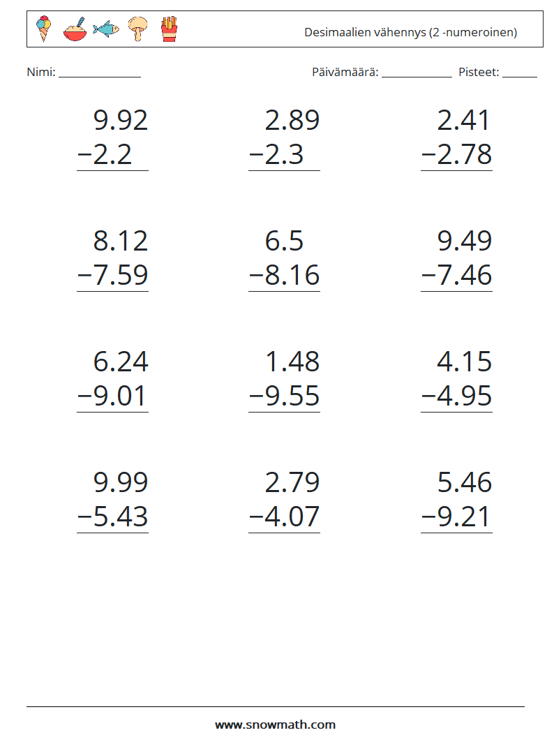 (12) Desimaalien vähennys (2 -numeroinen) Matematiikan laskentataulukot 4