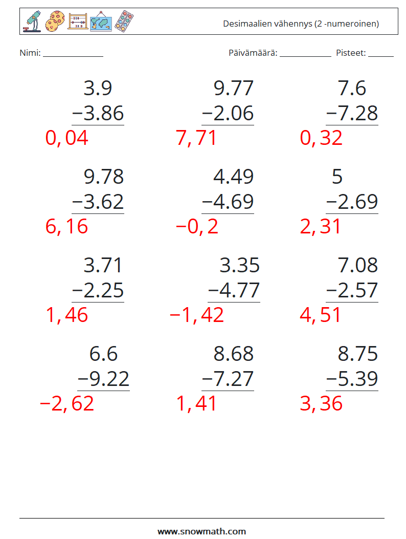 (12) Desimaalien vähennys (2 -numeroinen) Matematiikan laskentataulukot 6 Kysymys, vastaus
