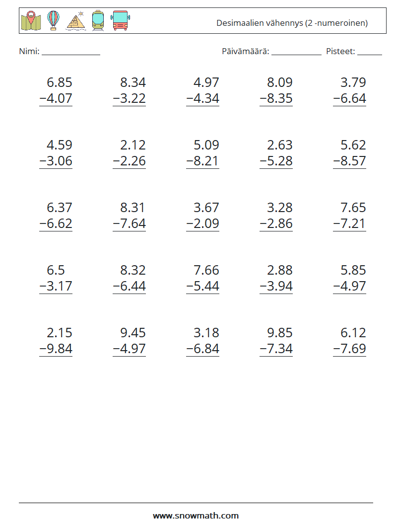 (25) Desimaalien vähennys (2 -numeroinen) Matematiikan laskentataulukot 1